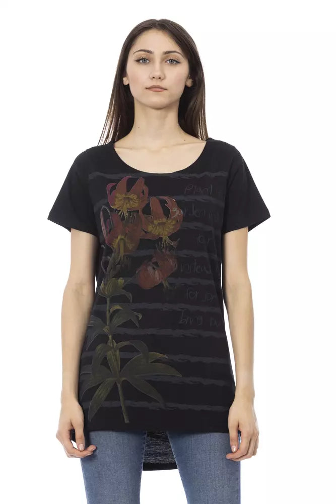Black cotton women t-shirt with scoop neck and large flower print