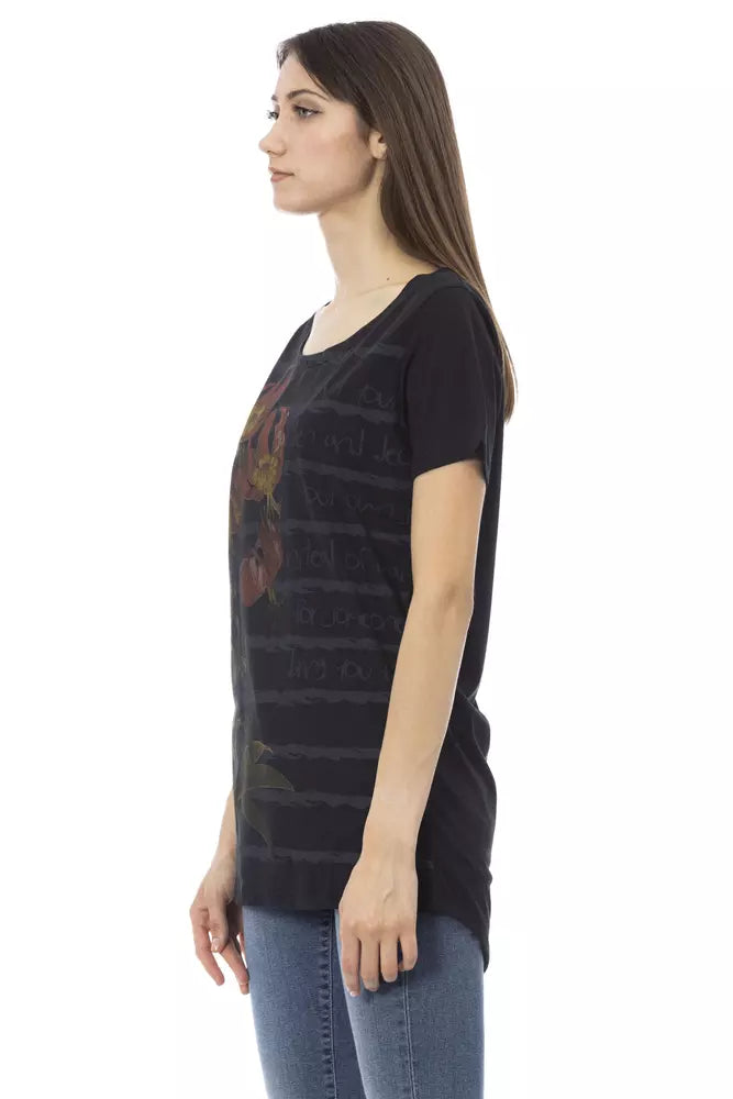 Black cotton women t-shirt with scoop neck and large flower print