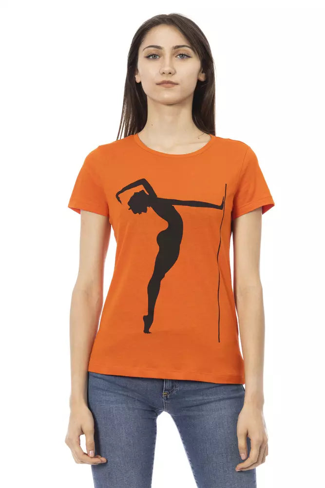 Orange cotton women's t-shirt with a black dancer silhouette graphic print