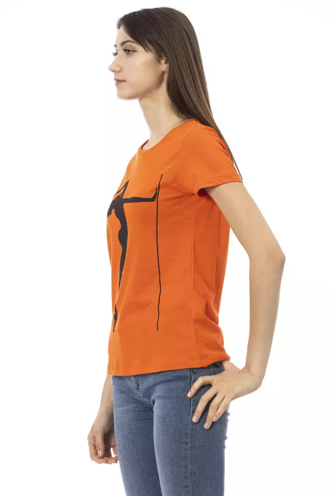 Orange cotton women's t-shirt with short sleeves and a black graphic print on the front worn with blue jeans