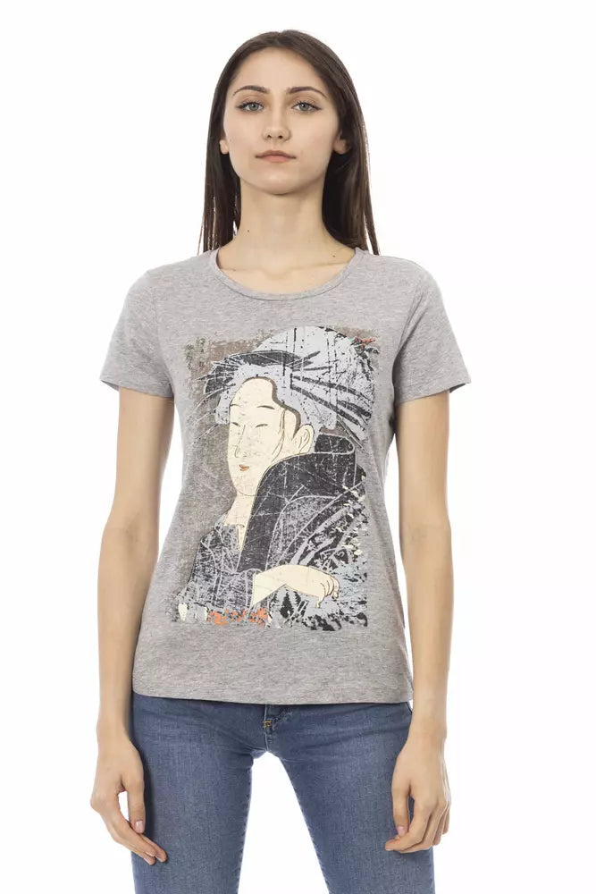Gray cotton women t-shirt with a vintage geisha graphic print