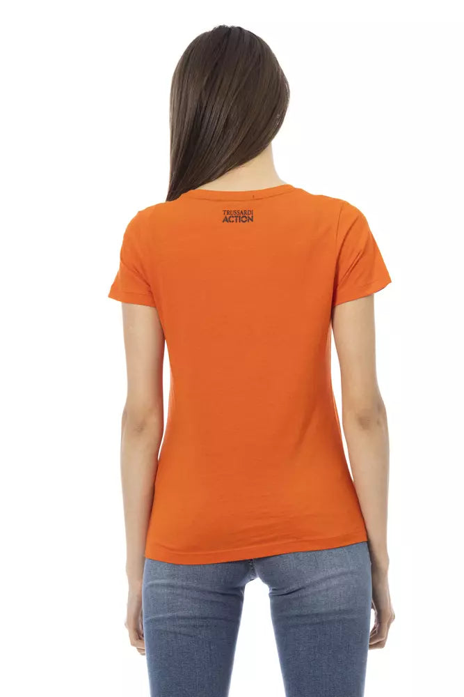 Woman wearing a short-sleeve orange cotton t-shirt with a crew neck and small back logo