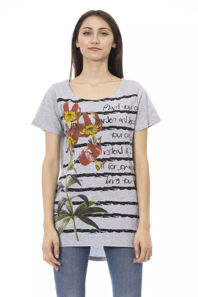 Gray cotton women's t-shirt with short sleeves, scoop neck, black stripes, and floral print graphic