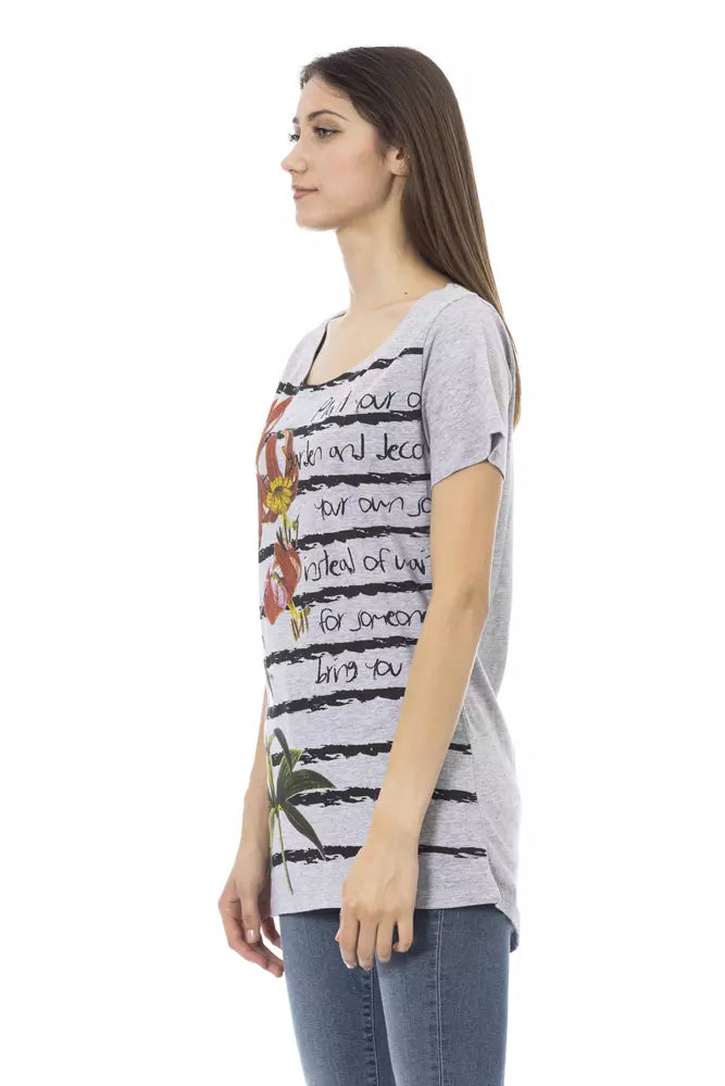Gray cotton women's t-shirt with short sleeves, scoop neck, black stripes, and floral print graphic