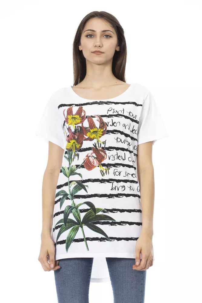 White cotton women t-shirt with black stripes and floral print