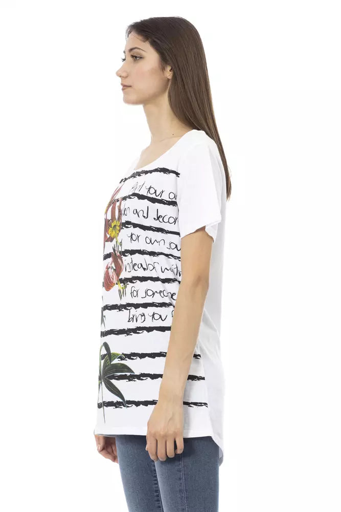 White cotton women t-shirt with black stripes and floral print
