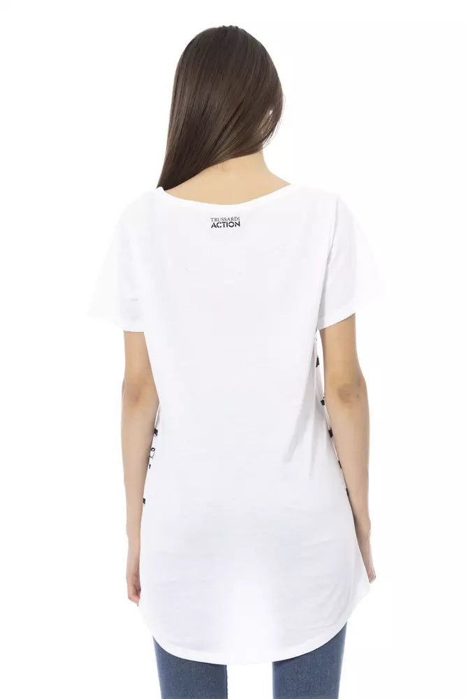 Woman from the back wearing a white cotton T-shirt with Trussardi Action logo
