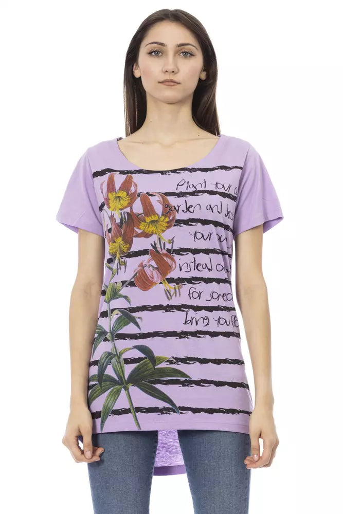 Purple cotton women t-shirt with floral print and black stripes worn by a model