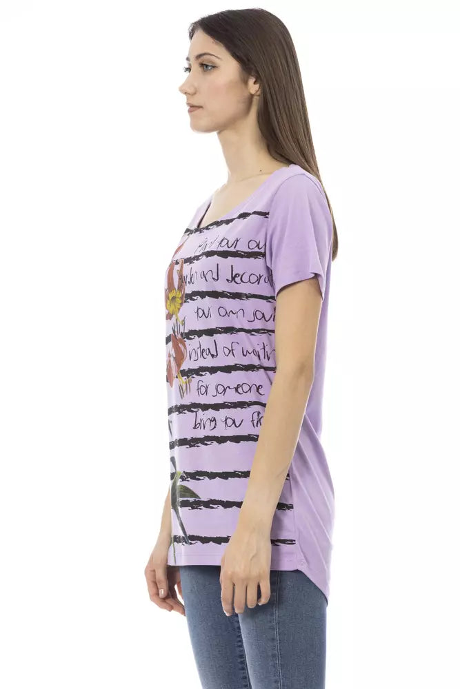 Purple cotton women t-shirt with floral print and black stripes worn by a model