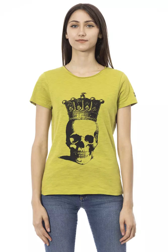 Green cotton women t-shirt featuring a black graphic of a skull wearing a crown