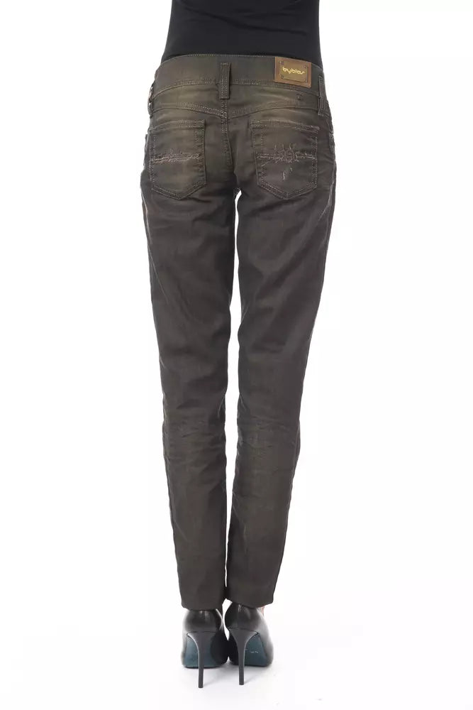 Rear view of BYBLOS black cotton straight-leg women jeans with faded wash and stitched back pockets