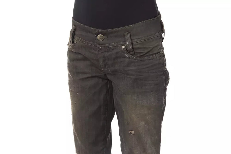 Black cotton denim women jeans with low-rise waist and distressed detailing
