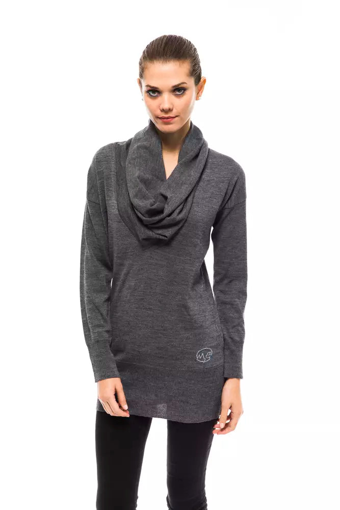 Charcoal gray wool women's tunic sweater with a draped cowl neck and long sleeves