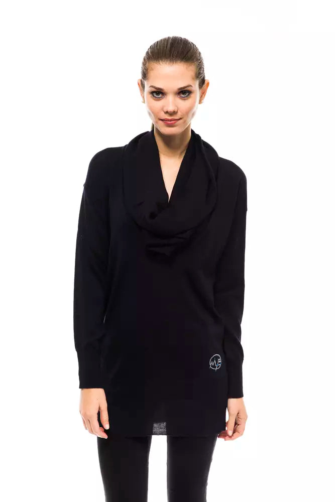 Dark blue wool knit sweater with a cowl neck worn by a woman