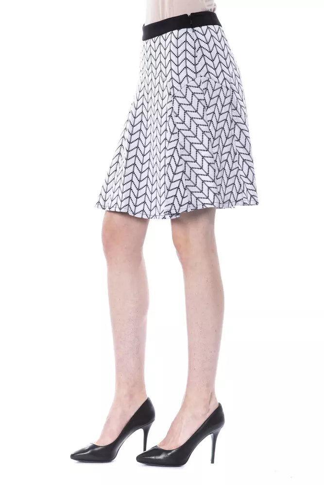 Black and white patterned A-line women's skirt with a black waistband