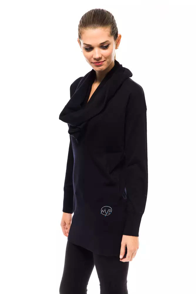 Dark blue wool women's sweater with a draped cowl neck and long sleeves
