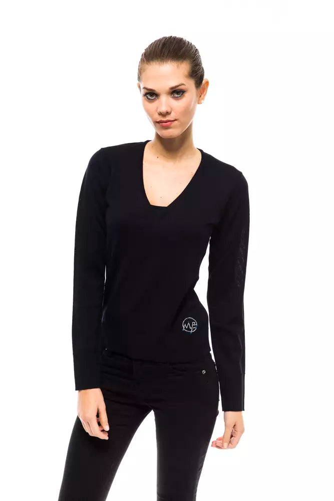 Black V-neck wool women sweater with long sleeves and a small logo near the hem