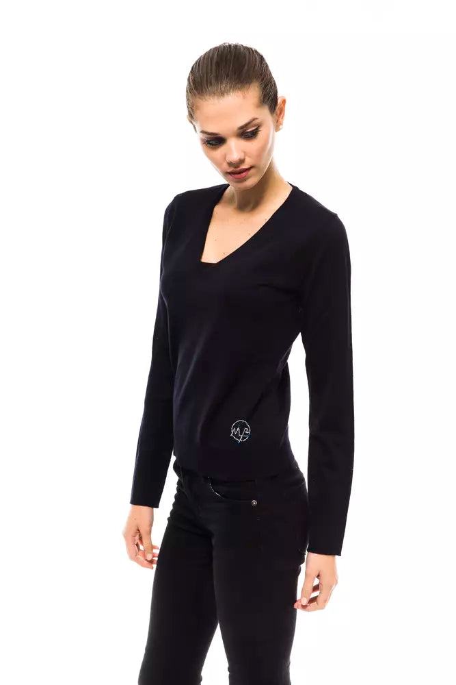 Dark blue V-neck wool women's sweater with long sleeves and a small logo near the hem