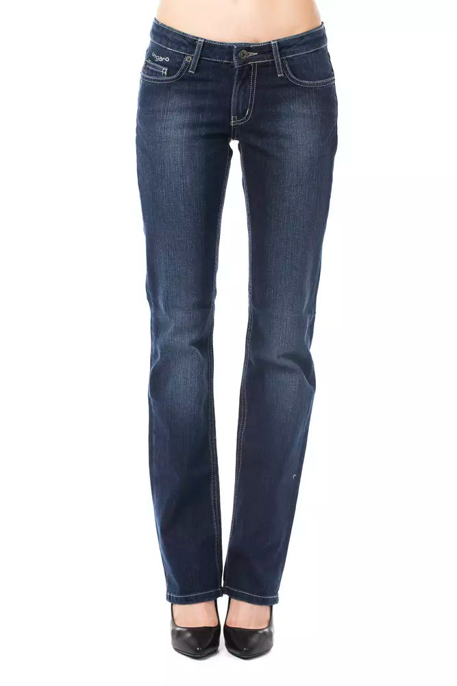 Dark blue cotton denim women jeans in a straight leg style