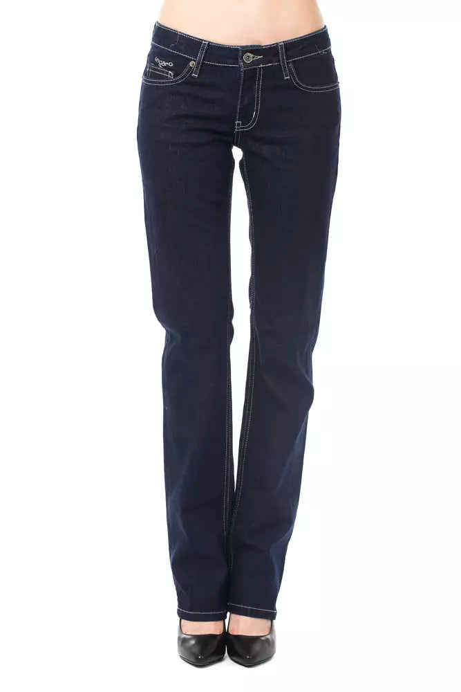Dark blue cotton women jeans with white contrast stitching and low rise straight leg fit