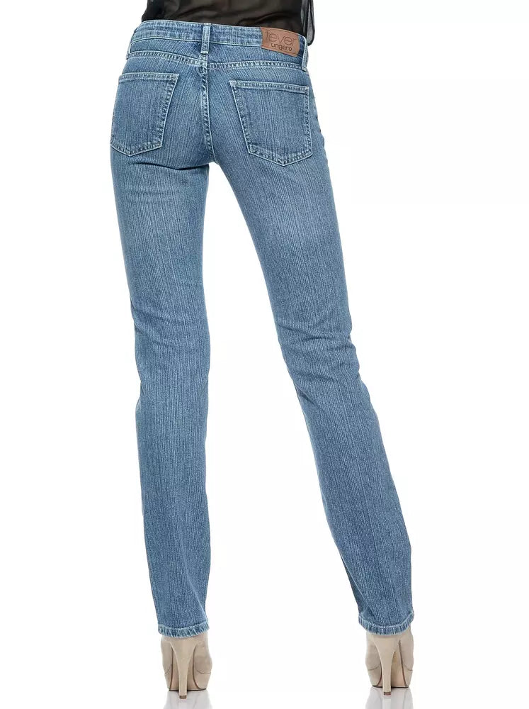 Light blue cotton women jeans, slim fit, viewed from the back