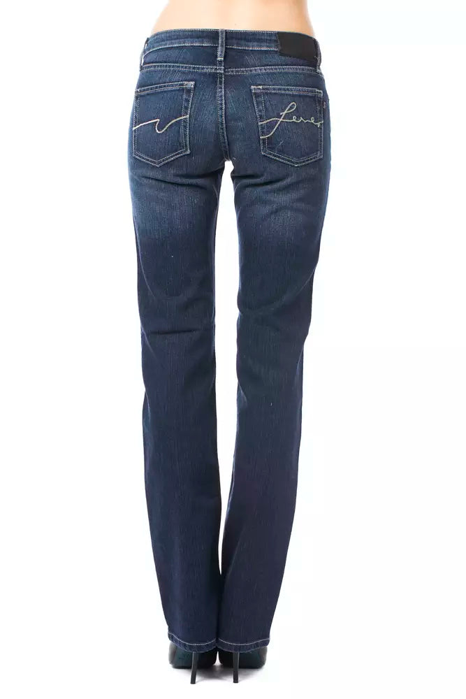Dark blue cotton women jeans worn with straight leg fit seen from behind