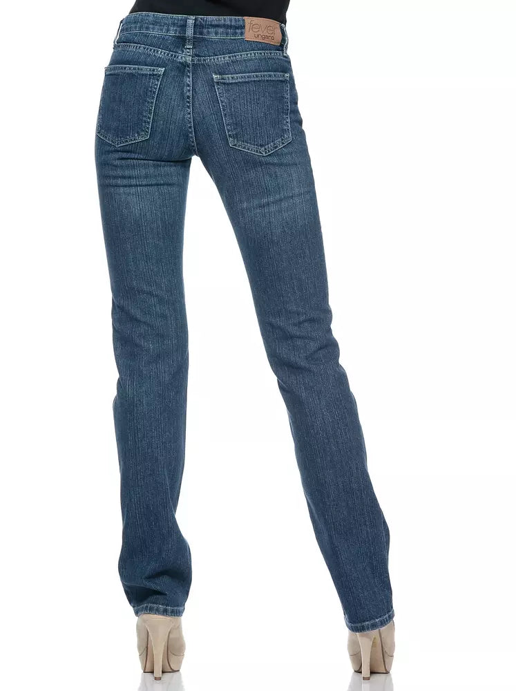 Back view of blue cotton women's jeans with straight legs and a brand patch on the back waistband