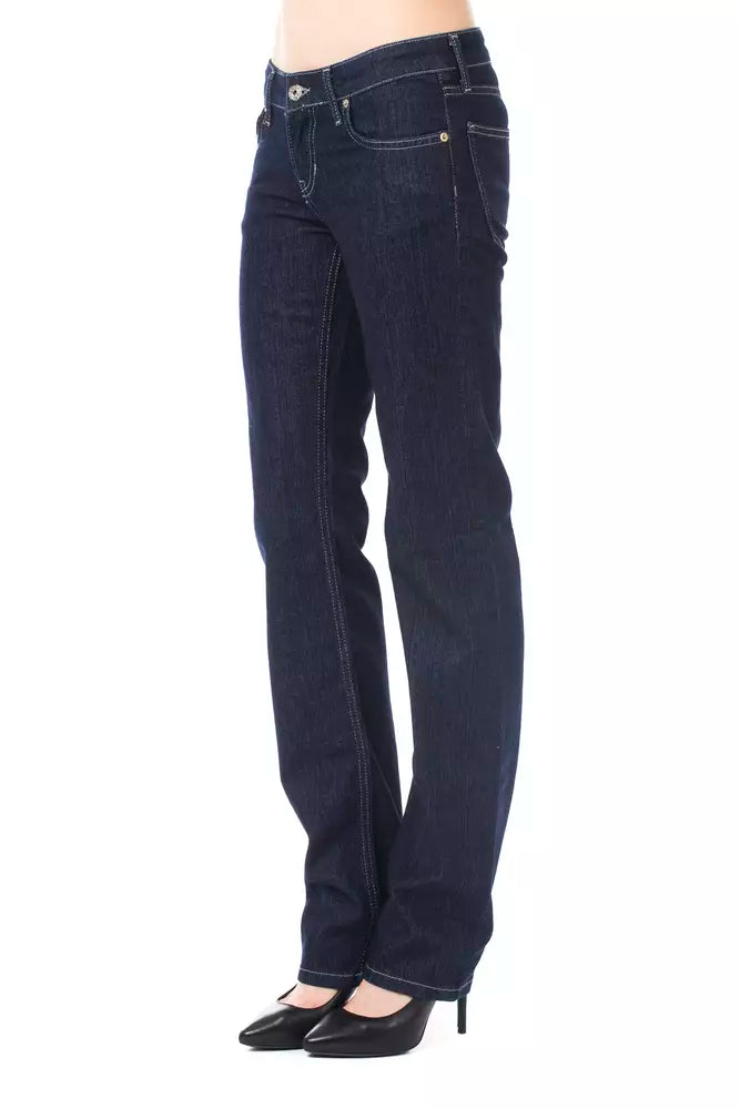 Dark blue cotton straight-leg women's jeans with contrasting white stitching
