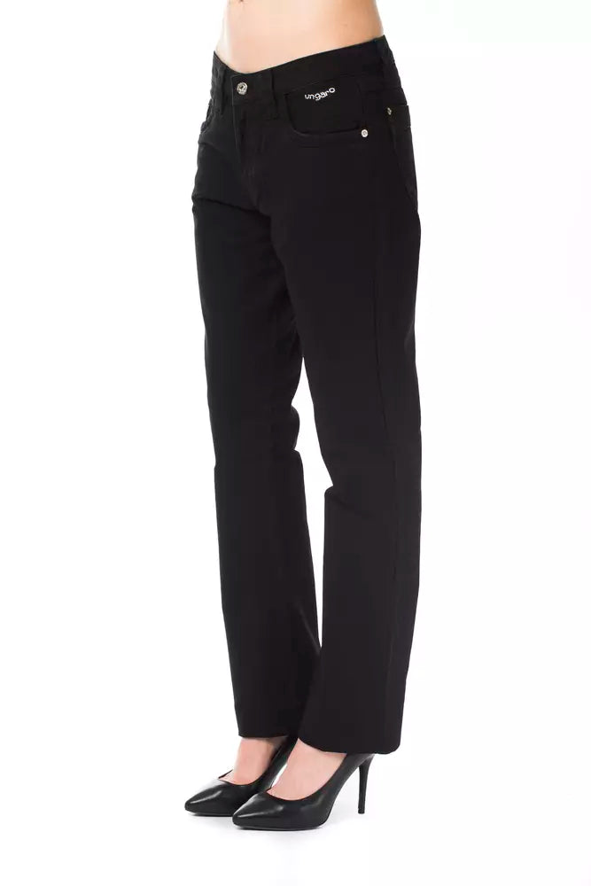 Black cotton women's pants with straight legs and a mid-rise fit