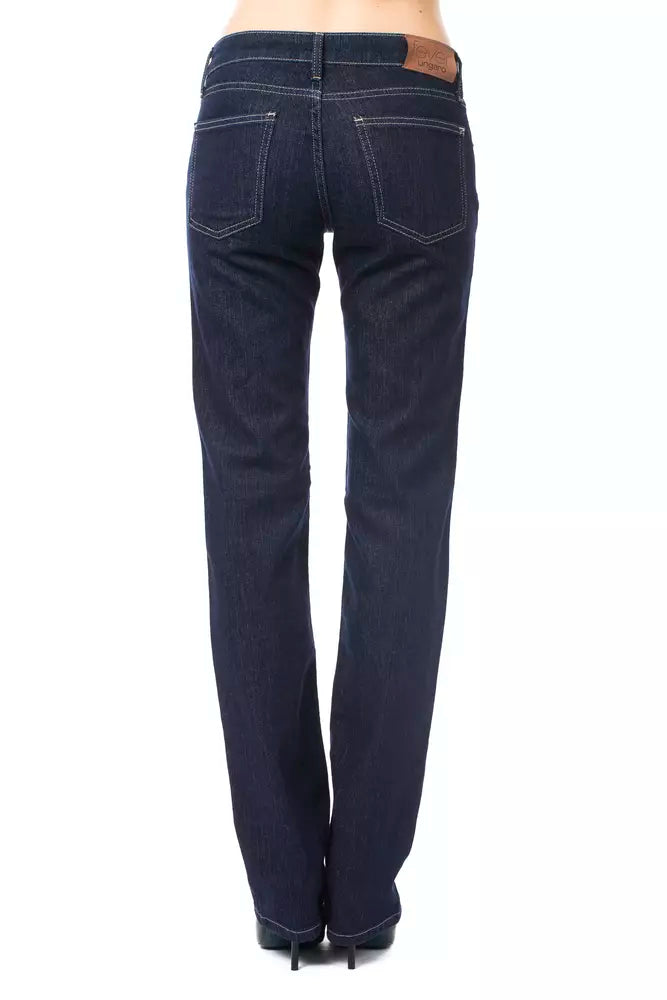 Back view of dark blue cotton women's jeans with straight fit