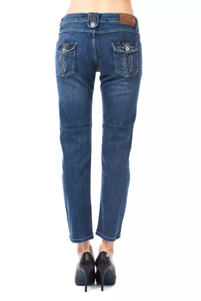 Light blue cotton women's jeans with buttoned flap back pockets