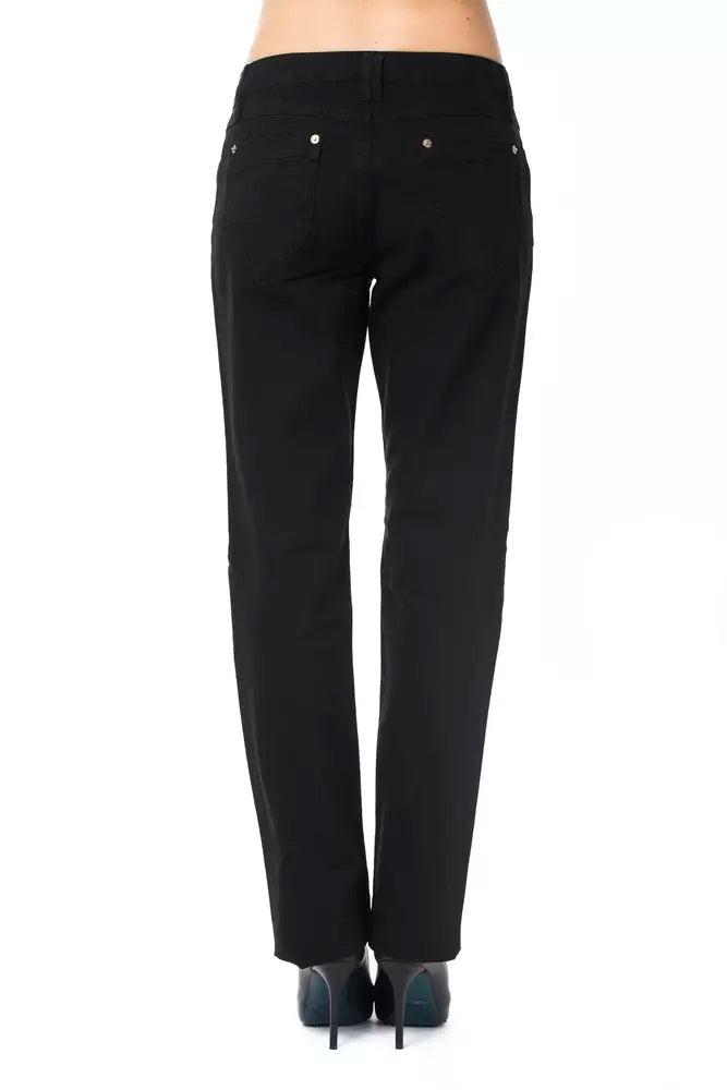 Back view of women's black cotton pants with a straight-leg style and back pockets