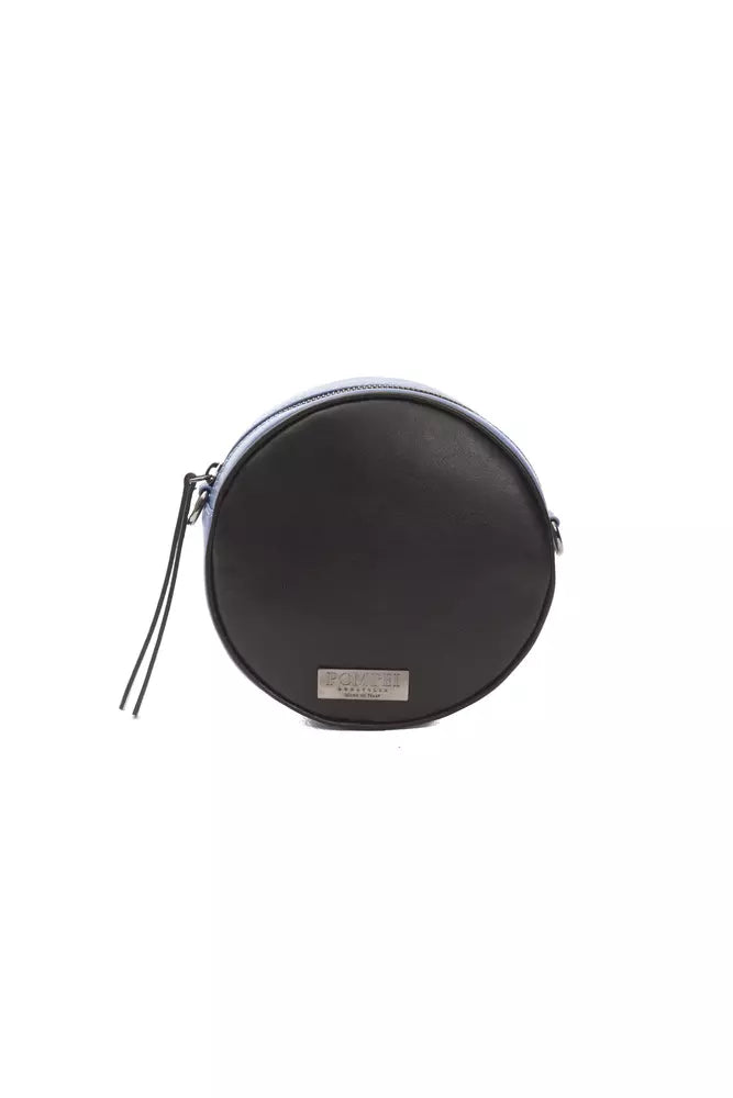 Black leather round women's crossbody bag with a metal logo tag on the front