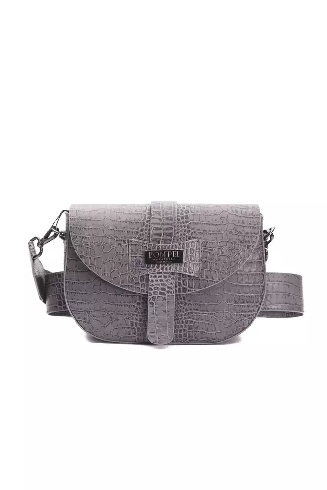 Gray leather crossbody bag with a crocodile texture, curved flap, and center vertical strap