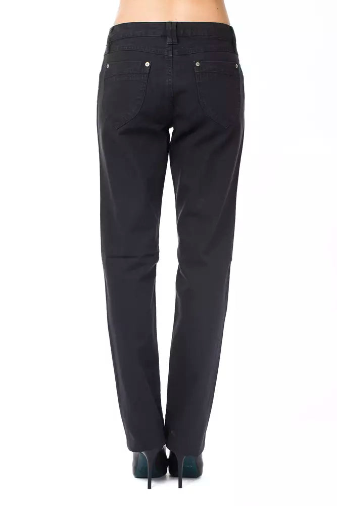Back view of black cotton regular fit women's jeans with two back pockets and belt loops