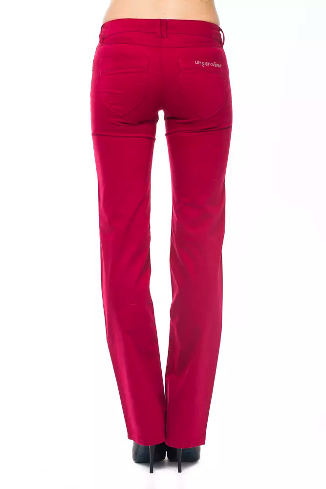 Rear view of red cotton women's straight-leg pants with back pockets