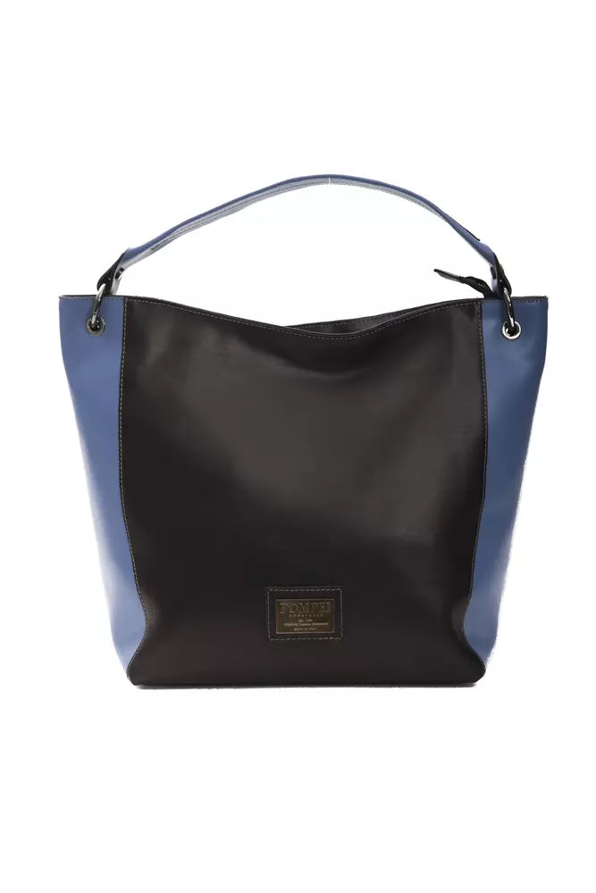 Black and blue leather shoulder bag with a single strap and a brand label on the front