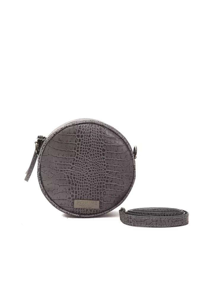Gray crocodile-embossed round leather crossbody bag with matching strap
