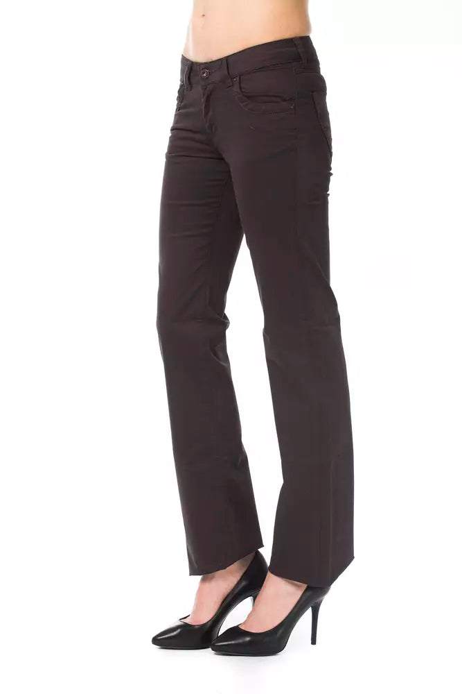 Brown cotton women's straight-leg pants with pockets and a low-rise waist