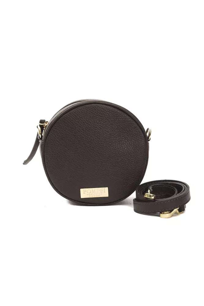 Dark brown pebbled leather round women crossbody bag with gold hardware and a detachable strap