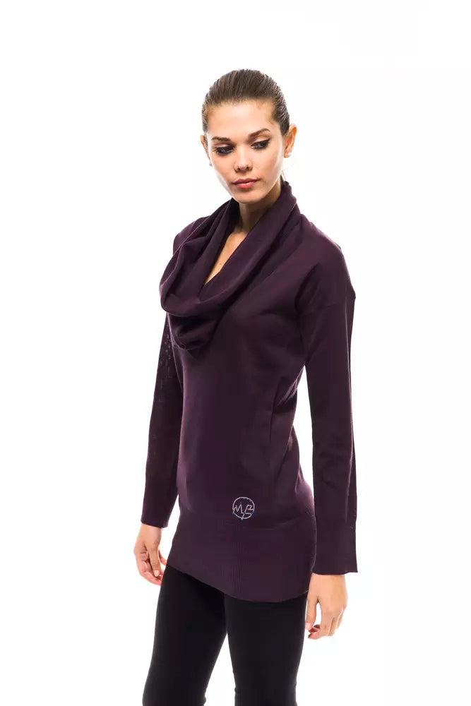 Purple wool women sweater with a draped cowl neck and long sleeves worn by a model