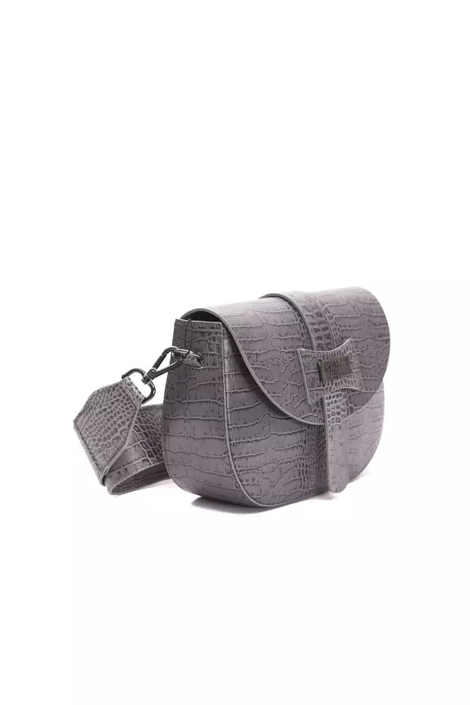 Gray leather crossbody bag with a crocodile texture, curved flap, and center vertical strap