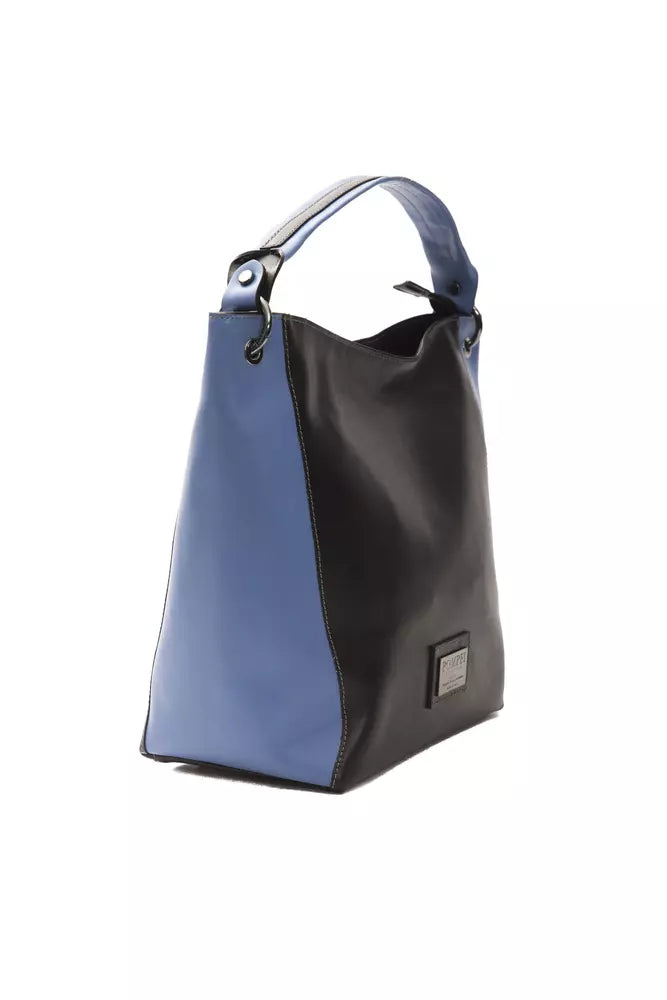 Black and blue leather shoulder bag with a slouchy design