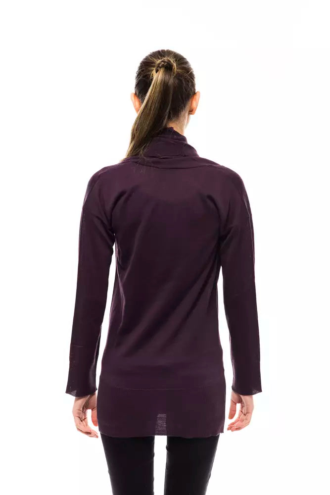 Purple wool long-sleeve women's sweater with a high neckline worn from the back