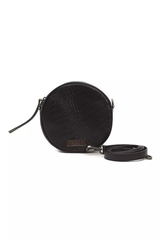 Black round leather crossbody bag with embossed crocodile pattern and detachable strap
