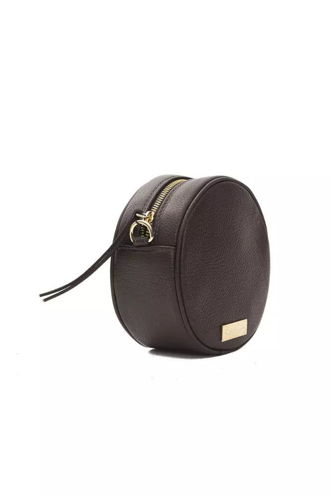 Round brown leather crossbody bag with gold zipper and logo plaque