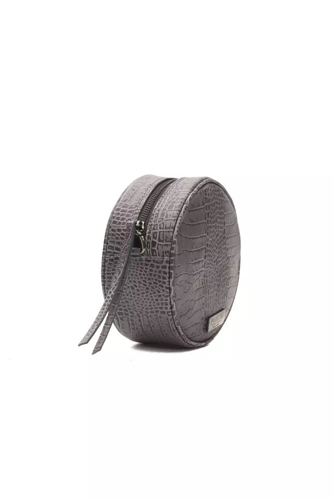 Gray crocodile-embossed round leather crossbody bag with matching strap