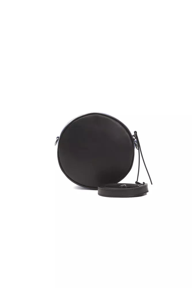 Black round leather crossbody bag with a slim strap