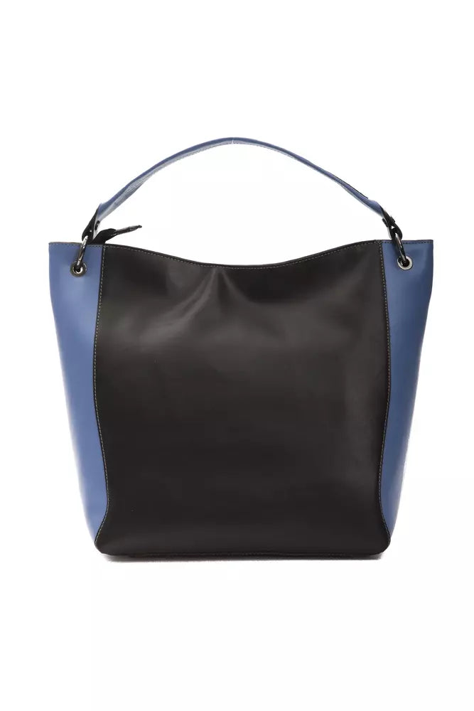 Black leather women's shoulder bag with blue side panels and strap