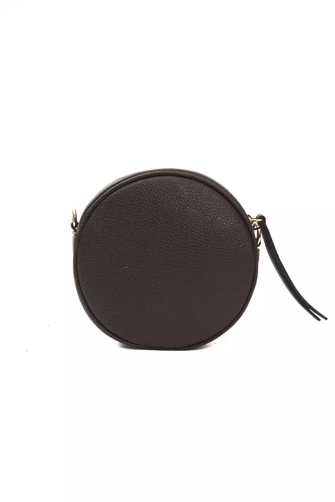 Brown round leather crossbody bag with zipper pull